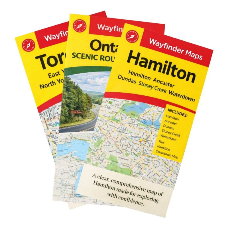 bundled stack of Hamilton, Ontario, and Toronto paper maps